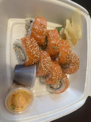 49ers roll w/crabmeat inside, avocado, salmon outside $11.95 12/1/23