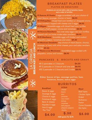 Breakfast, Burritos, pancakes and more!