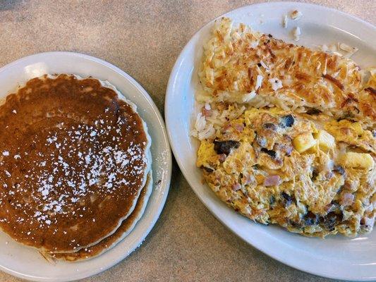 Hawaii Five-O Omelette with Hashbrowns & Buttermilk Pancakes