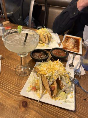 Shredded beef hard shell tacos, cheese enchilada and margarita.