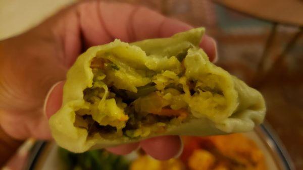 Interior of veggie momo ($7), vegan by default. Tasty.