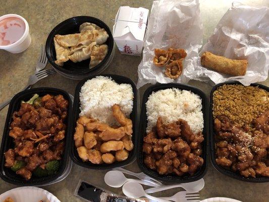 Dumplings, fried wontons, egg rolls, orange chicken, sweet and sour chicken, general tso chicken, and sesame chicken.