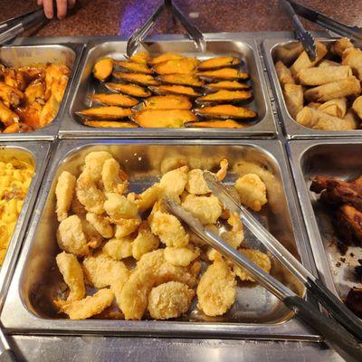 Front:  Breaded Shrimp In Panko - Good.  Back:  Potato Skins.