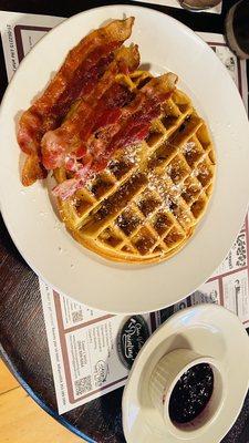 Belgian waffle special - banana walnut w/ bacon & house made blueberry sauce