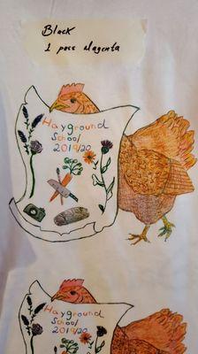 Four color process chicken on white Gildan Softstyle.   Handrawn by kids at Hayground School!