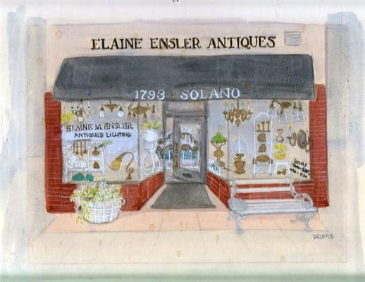 painting of storefront when first opened by Elaine Ensler, original owner of Ensler Lighting