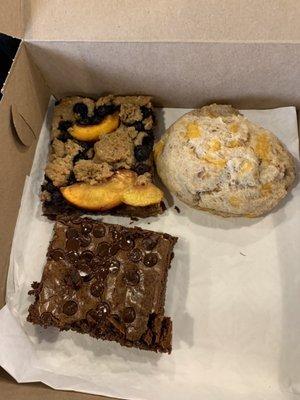 Brownie, peach blueberry savanah bar, cheddar bacon scone