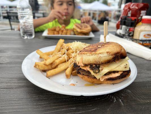 Veggie patty and Double Fried French Fries with parmesan & drizzle of truffle oil