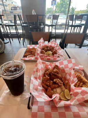 Korean nuggets combo meal, comes with waffle fries, white rice, and fountains soda.