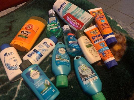 Shampoo, Conditioner, Toothpaste, Lotion, Deodorant, Mouth Wash, Sun Screen