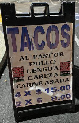 Taco bar menu