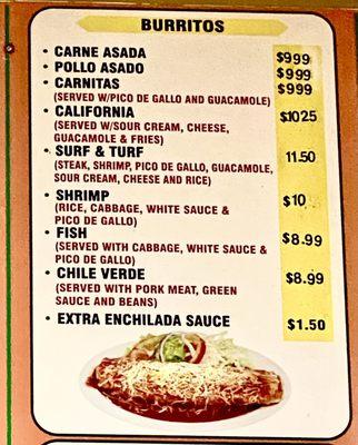 Burritos menu