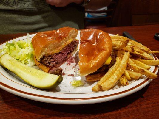 Perfectly cooked burger and homecut fries.