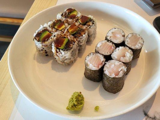 Eel and avocado roll, Tuna roll