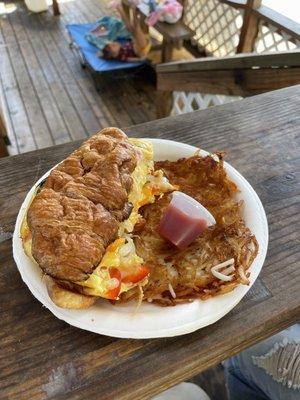 Breakfast Croissant Sandwich with hash browns