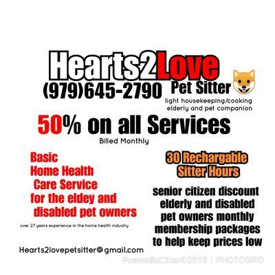 Elderly and disabled pet owners 50% off all services with monthly special needs Membership.