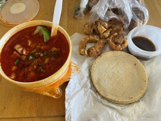 Menudo, corn tortillas and chicharrones