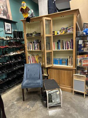 Our 15 dollar shoe section and one of our book cabinets