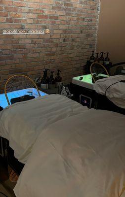 Relax and take a nap in our comfy bed with heated and massage features while we get your hair and scalp squeaky clean.