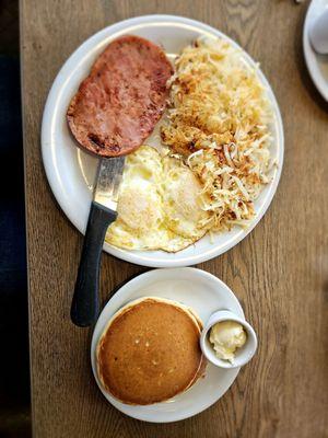 What a combo! Ham, eggs, hash browns and pancakes