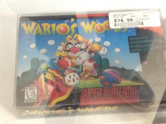 A sealed copy of Wario's Woods on the Super Nintendo, aka the SNES.