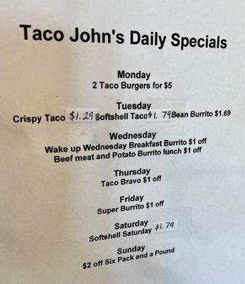 Daily specials specific to this store. 4/23. New pricing.