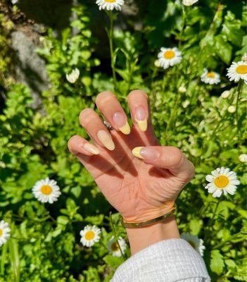 Dip mani with French tips. Love the shape of the French and nail!