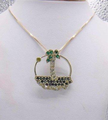 Sapphire, diamond, emerald 14k gold pendant