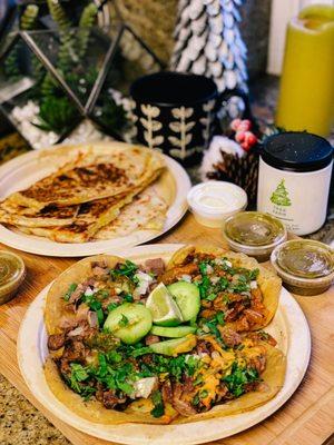 4 kinds of tacos and cheese quesadilla