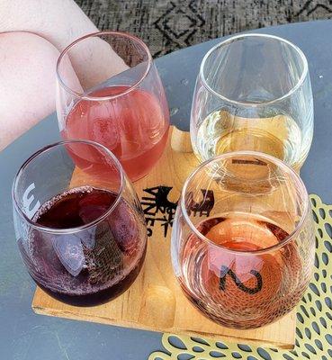 Sweet Flight including Lucky Shoe, Fool Me Once, Raspberry Mango Sangria and Red, White and Blue Sangria at 3 North Vines