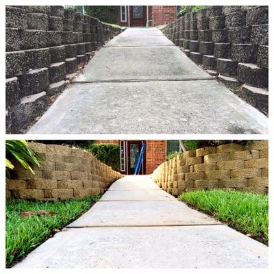 Cleaning of a sidewalk and retaining wall.