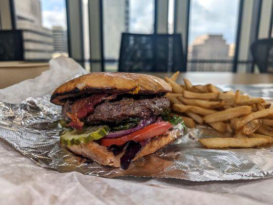 focaccia burger $16 (1/2 pound patty, bacon, cheese)