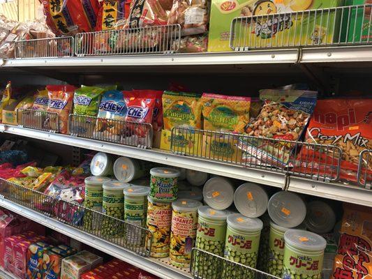 Huge variety of Asian snacks and candy: wasabi peas, Choco Pie, Hi-Chew, shrimp crackers, Pocky, candied ginger, Yan Yan, and more!