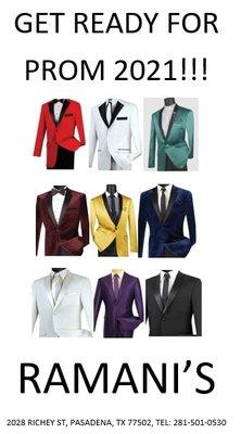 Get ready for Prom 2021 with these amazing suits and jackets.  Come and and check out our collection.  We do Special Orders!!