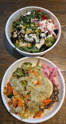 B: power bowl with all veggies and sauces.  T: pasta build-a-bowl with all veggies and sauces.