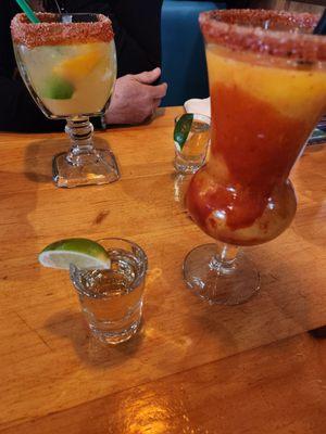 Tequila shots, mango chamoy Margarita and a Cadillac Margarita