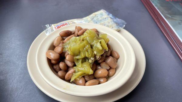 Complimentary beans and green chiles