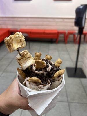 Ferro Rocher Mixed In with Premium Ice cream, with roasted marshmellows, graham crackers and chocolate chips.