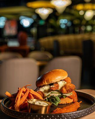 Shrimp Burger - jumbo shrimps, fresh cucumbers, fresh pineapple, homemade chilli marmalade, homemade cilantro mayo, handcut carrot fries