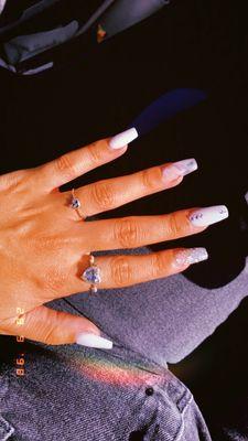 white acrylic nails with jewels + design $75