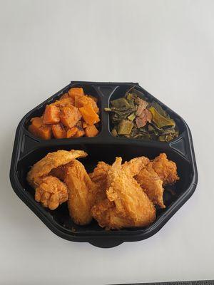 Wings, greens, and Yams