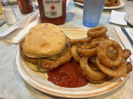 Pork tenderloin with generous serving of onion rings