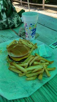 Cheeseburger, fries and Dr.Pepper