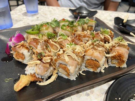 Shrimp Tempura roll, albacore roll and Baja roll in the back