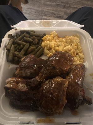 Ribs and chicken with all the sauces! (Yes! The "Hot as hell" too) Mac n cheese, green beans!