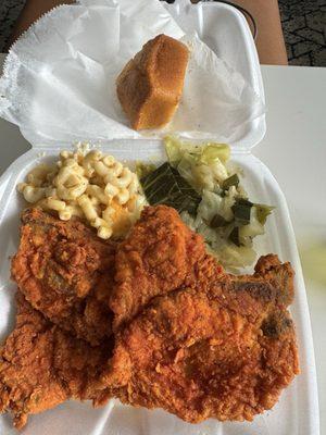 Fried pork chops, cabbage, Mac & cheese, cornbread loaf