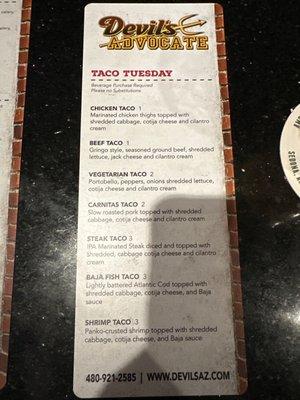 Taco Tuesday menu