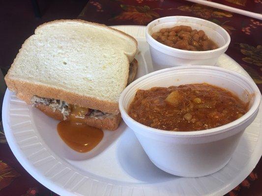 BBQ Pork Chopped with 8 oz. side of Brunswick Stew with Rice and 6 oz. side of baked beans