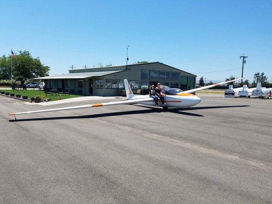 The glider that we were towed up to 3000 feet in. We had to sit side by side in the back and our pilot was seated in front of us.