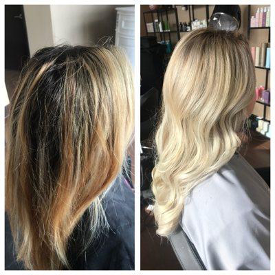 Before and after full foil and shadow root by Lacey